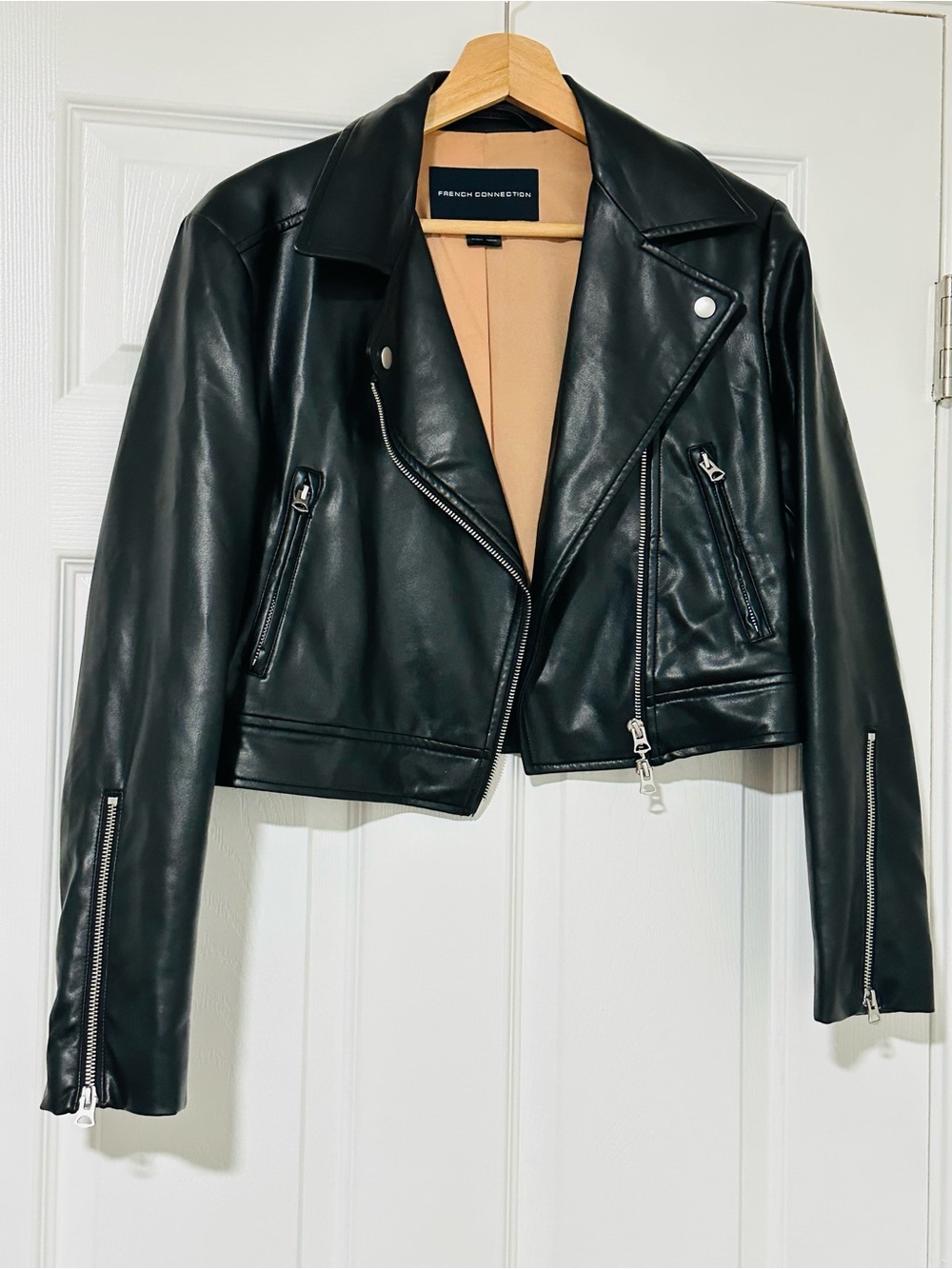 French Connection Black Faux Leather Cropped Moto Jacket